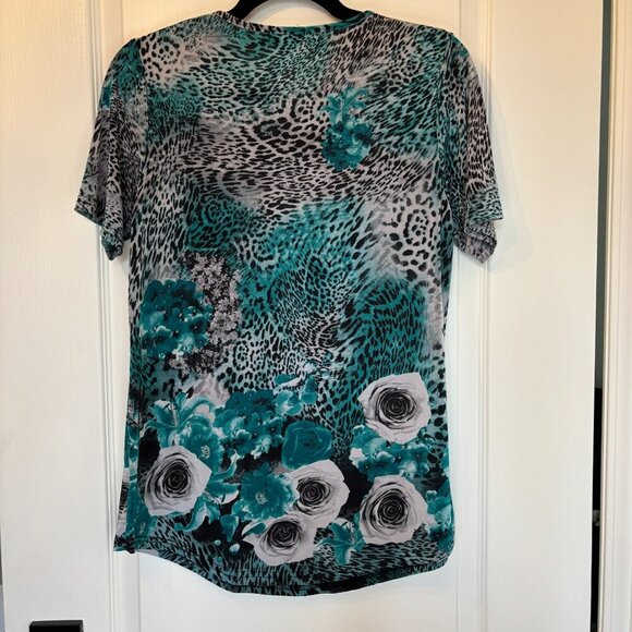 Vintage Teal and Grey Floral Leopard Print Top Size M - Picture 4 of 7